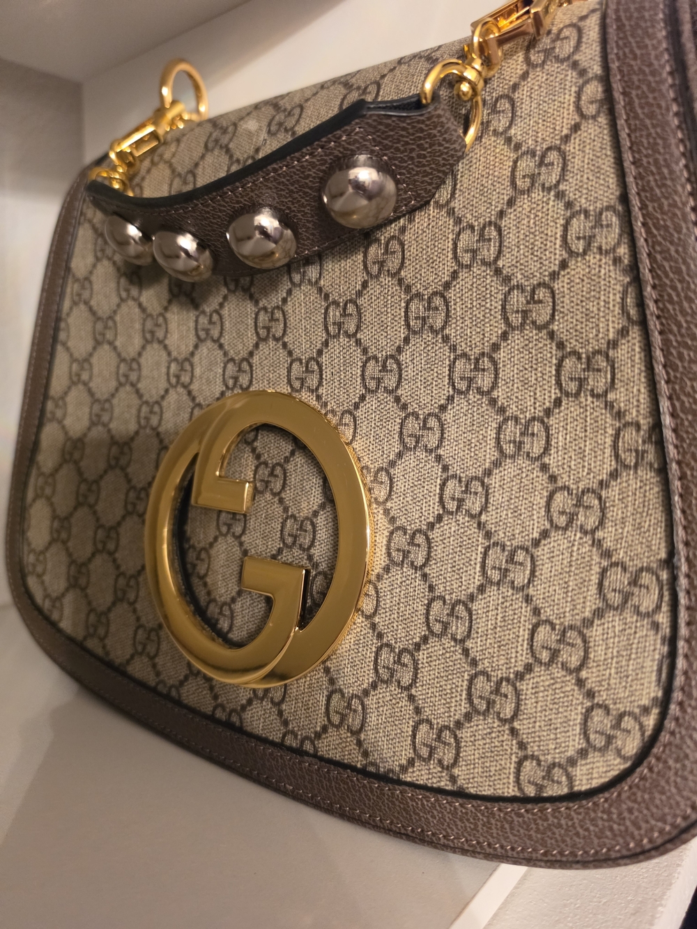DupGucci Beige GG Supreme Canvas Shoulder Bag with Brown Trim and Gold Hardware